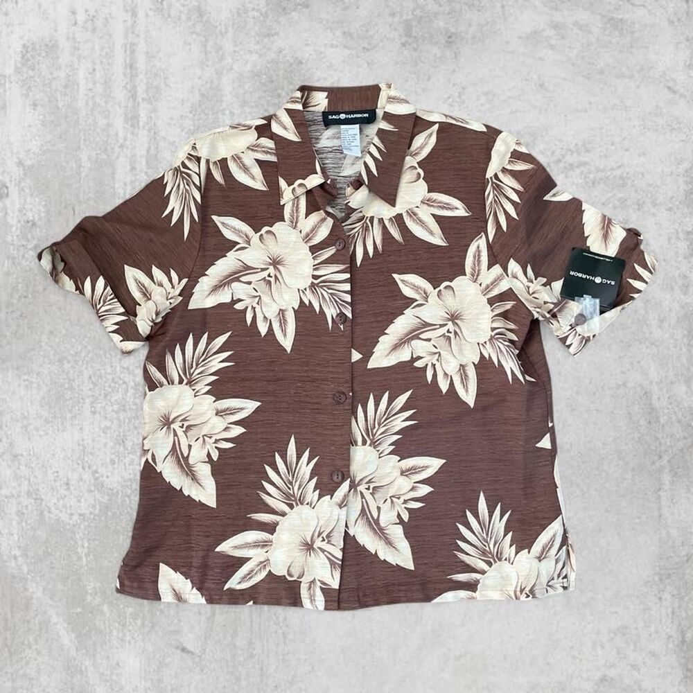 Deadstock Vintage Sag Harbor 100% Silk Tropical Palm Print Shirt | Size 14